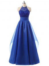 Floor Length Zipper Homecoming Dress Blue for Prom and Military Ball with Beading and Ruffles