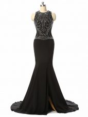 Luxurious Scoop Sleeveless Chiffon Evening Dresses Beading Brush Train Side Zipper