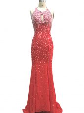 Sleeveless Beading Criss Cross Evening Dress with Red Brush Train