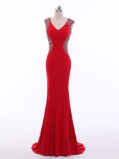 Traditional Red Zipper Evening Party Dresses Beading Sleeveless Brush Train