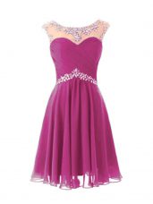 Fantastic Scoop Cap Sleeves Prom Homecoming Dress Knee Length Beading Fuchsia Chiffon