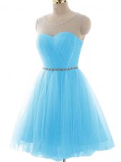 Spectacular Sleeveless Tulle Mini Length Lace Up Party Dresses in Aqua Blue with Beading and Ruching