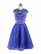 Blue A-line Organza Scoop Cap Sleeves Beading Mini Length Zipper Party Dress