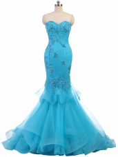 Sweetheart Sleeveless Pageant Dress Brush Train Appliques Aqua Blue Tulle