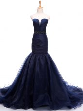 Navy Blue Winning Pageant Gowns Sweetheart Sleeveless Court Train Lace Up