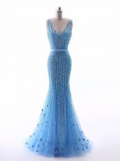 Mermaid Juniors Evening Dress Baby Blue V-neck Tulle Sleeveless Floor Length Zipper