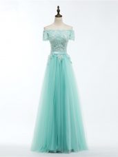 Excellent Apple Green Short Sleeves Tulle Lace Up Evening Dresses for Prom and Party and Military Ball and Sweet 16