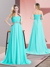 Vintage Aqua Blue Lace Up Going Out Dresses Beading and Ruching Sleeveless Brush Train