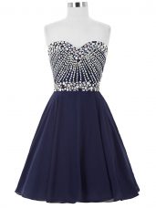 Fine Navy Blue Sleeveless Mini Length Beading Lace Up Club Wear