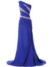 Blue Sleeveless Chiffon Brush Train Lace Up Going Out Dresses for Prom and Party and Military Ball and Sweet 16