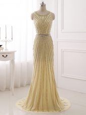 Champagne Scoop Zipper Beading and Belt Prom Party Dress Brush Train Sleeveless