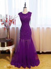 Fantastic Eggplant Purple Mermaid Beading and Lace and Appliques Prom Dress Side Zipper Tulle Sleeveless Floor Length