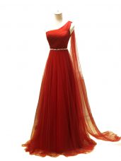 New Arrival Rust Red Sleeveless Tulle Brush Train Zipper Juniors Evening Dress for Prom and Sweet 16