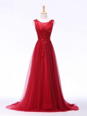 Enchanting Scoop Sleeveless Formal Dresses Brush Train Lace and Appliques Red Tulle