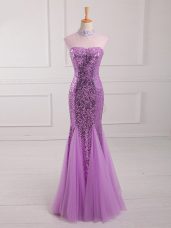 Glorious Lilac Halter Top Neckline Beading and Sequins Formal Evening Gowns Sleeveless Lace Up