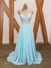 Aqua Blue Empire Beading and Ruching Juniors Evening Dress Side Zipper Chiffon Short Sleeves