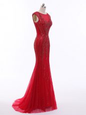 Romantic Brush Train Mermaid Juniors Evening Dress Red Scoop Tulle Sleeveless Zipper