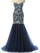 Navy Blue Tulle Zipper Sweetheart Sleeveless With Train Pageant Dress for Womens Beading and Embroidery