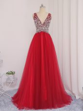 Fine Sleeveless Brush Train Backless Beading Prom Evening Gown