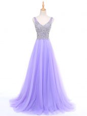 Lavender Tulle Zipper V-neck Sleeveless Floor Length Evening Outfits Beading