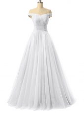 Traditional White Sleeveless Floor Length Ruching Lace Up Formal Evening Gowns