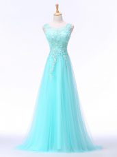 Discount Aqua Blue A-line Chiffon Scoop Sleeveless Lace and Appliques Backless Juniors Evening Dress Brush Train