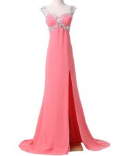 Watermelon Red Zipper Going Out Dresses Beading and Appliques Cap Sleeves Brush Train