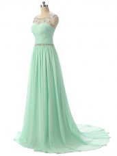 Superior Apple Green Sleeveless Brush Train Beading and Ruching Evening Dress