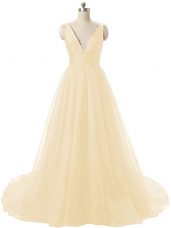 Light Yellow Red Carpet Prom Dress Organza Brush Train Sleeveless Ruching