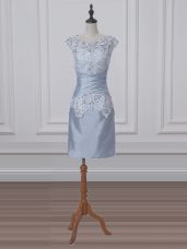 Simple Grey Satin Zipper Scoop Short Sleeves Mini Length Mother of the Bride Dress Lace and Appliques