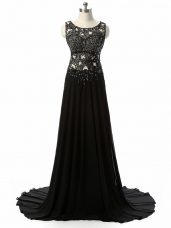 Black Side Zipper Evening Party Dresses Beading and Lace and Appliques Sleeveless Brush Train