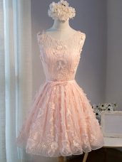 Modern Pink Scoop Lace Up Appliques and Belt Prom Homecoming Dress Sleeveless