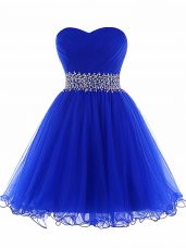 Royal Blue A-line Tulle Sweetheart Sleeveless Beading and Ruffles Mini Length Lace Up Custom Made