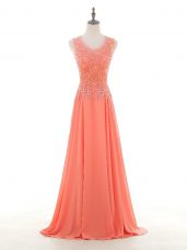 Clearance Sleeveless Chiffon Floor Length Zipper Evening Dresses in Watermelon Red with Lace and Appliques