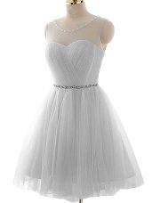 Shining Grey Lace Up Scoop Beading and Ruching Prom Homecoming Dress Tulle Sleeveless