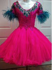 Wonderful Short Sleeves Mini Length Beading and Sequins Zipper Party Dress for Girls with Fuchsia