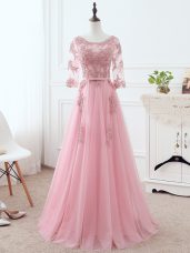 Luxury Pink Empire Lace and Appliques and Belt Mother of Groom Dress Lace Up Tulle 3 4 Length Sleeve Floor Length