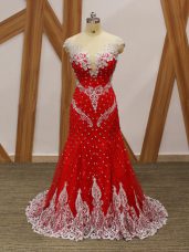 Red Column/Sheath V-neck Cap Sleeves Tulle Brush Train Zipper Beading and Lace and Appliques Evening Party Dresses