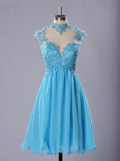 Classical Baby Blue Sleeveless Lace and Appliques Knee Length Cocktail Dresses