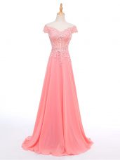 Designer Chiffon Short Sleeves Floor Length Prom Party Dress and Lace and Appliques