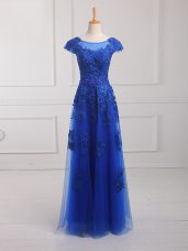 Super Floor Length Royal Blue Prom Gown Scoop Short Sleeves Lace Up