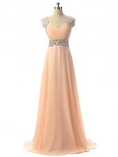 Top Selling Peach Chiffon Lace Up Prom Dress Cap Sleeves Floor Length Beading