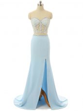 Dramatic Sweetheart Sleeveless Brush Train Zipper Dress Like A Star Light Blue Elastic Woven Satin