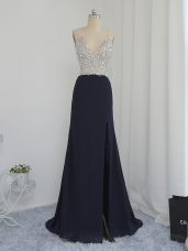 Black Chiffon Backless Oscars Dresses Sleeveless Floor Length Beading