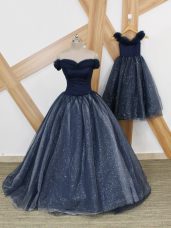 Off The Shoulder Sleeveless Brush Train Lace Up Prom Dress Navy Blue Tulle