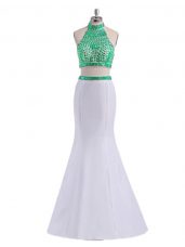 White Halter Top Criss Cross Beading High School Pageant Dress Sleeveless