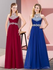 Sleeveless Chiffon Floor Length Backless in Wine Red with Beading