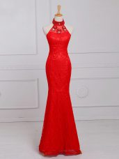 Clearance Sleeveless Floor Length Beading and Lace Zipper Prom Party Dress with Red