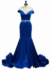 Royal Blue Prom Gown Off The Shoulder Sleeveless Brush Train Zipper