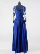 Flirting Blue Long Sleeves Floor Length Lace and Appliques Zipper Mother of Groom Dress